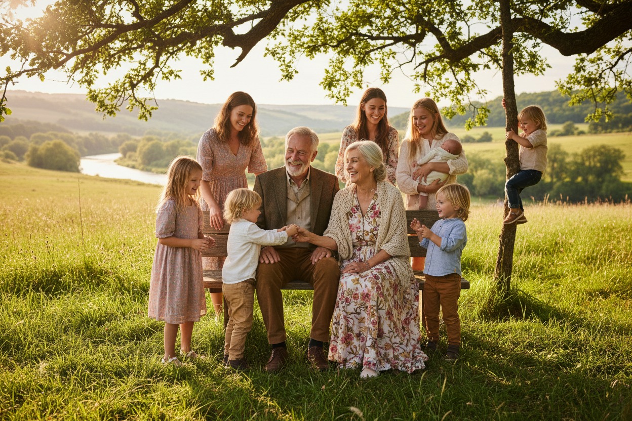 Multi-generational family gathered outdoors in a sunny field, with grandparents and children sitting and standing together under a tree