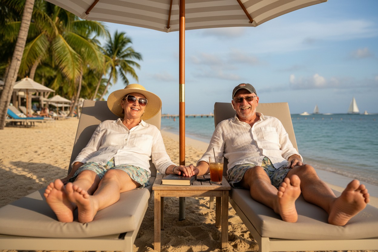 Retired couple relaxing on a tropical beach under an umbrella