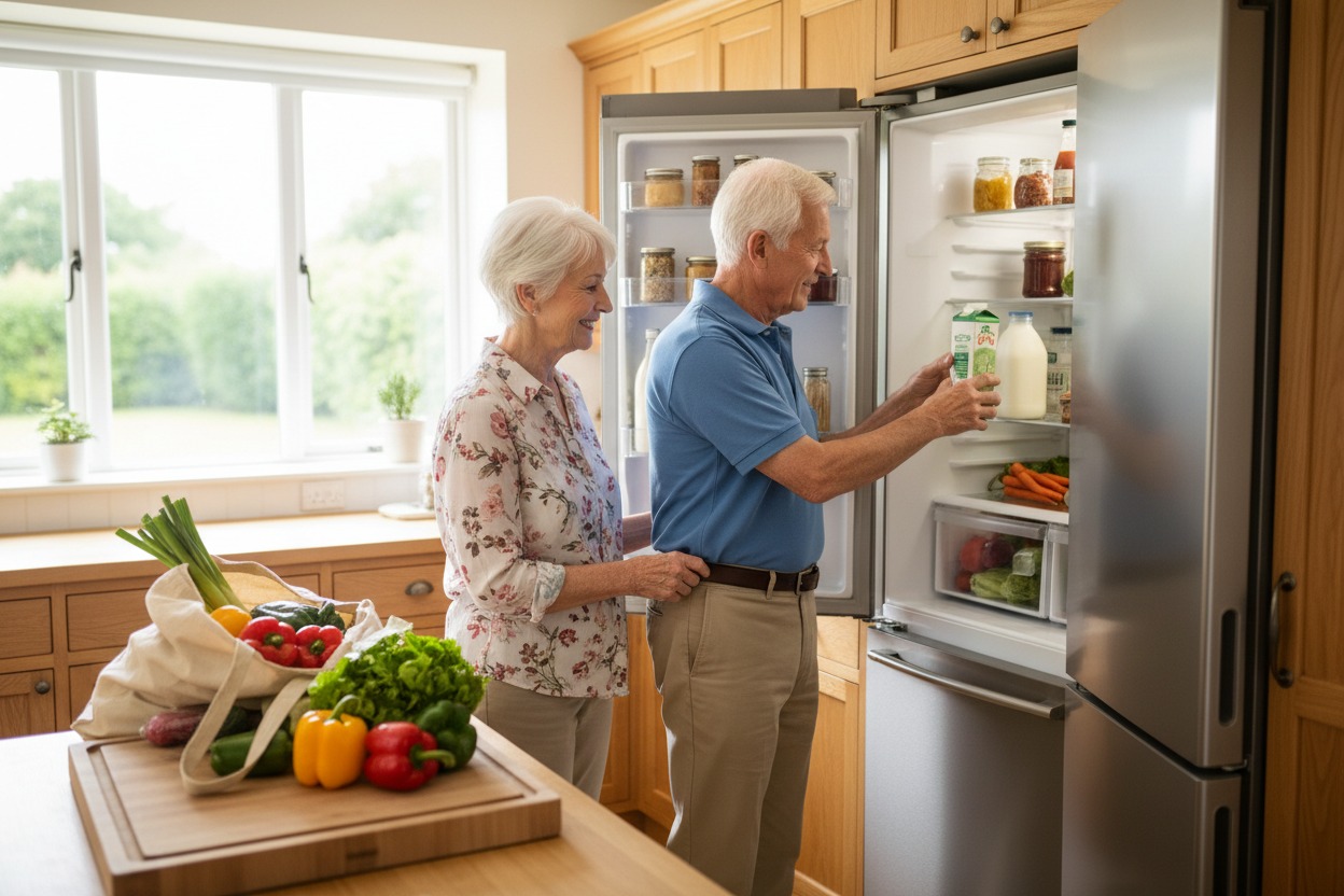 An older couple putting groceries into an open refrigerator in a bright kitchen