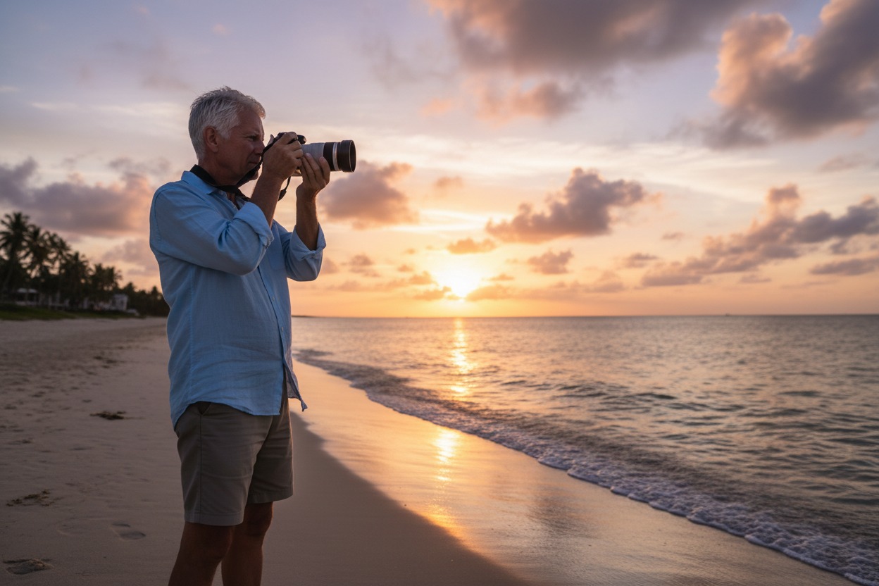 Older man photographing a sunset on the beach